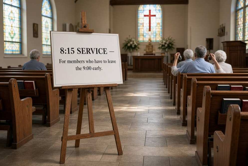 Church sign for the 8:15 service and people holding car keys