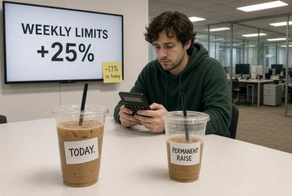 Developer with a calculator beside iced coffees labeled TODAY and PERMANENT RAISE under a WEEKLY LIMITS +25% screen