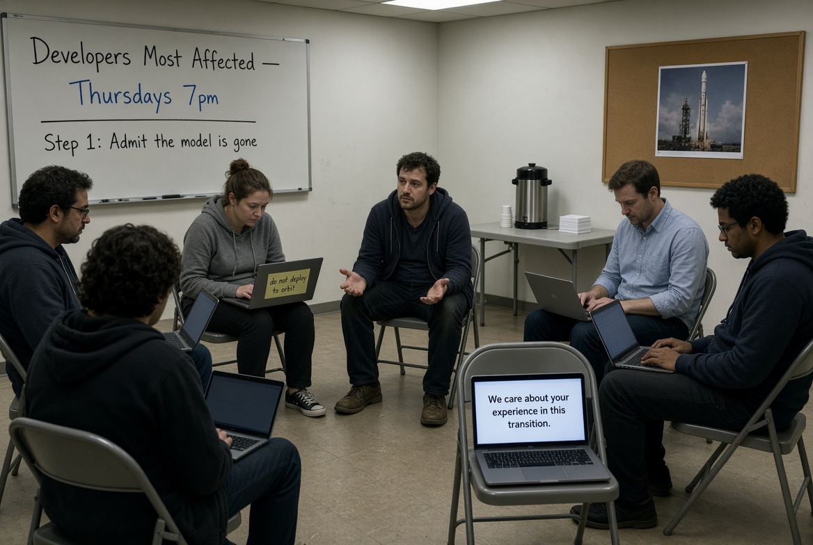 Developers in folding chairs at a support group, empty chair holding a laptop that says it cares about the transition