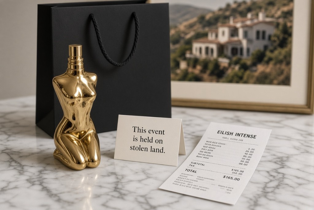 Gold kneeling perfume bottle, a card reading This event is held on stolen land, and a $165 Eilish Intense receipt