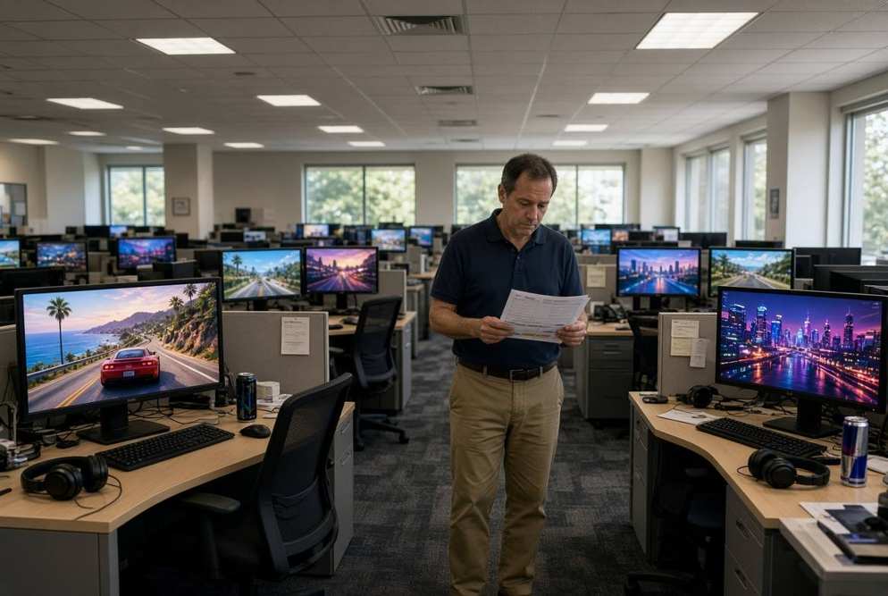 Office manager in an empty office of game-filled screens