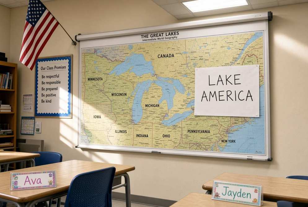 Classroom map with Lake Ontario labeled Lake America
