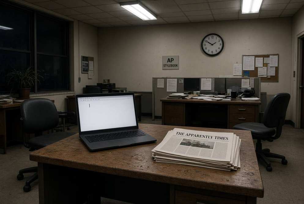 Empty newsroom with two desks and a stack of The Apparently Times